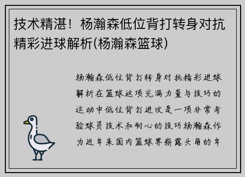 技术精湛！杨瀚森低位背打转身对抗精彩进球解析(杨瀚森篮球)