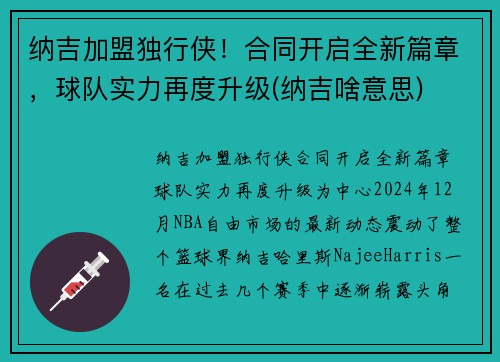 纳吉加盟独行侠！合同开启全新篇章，球队实力再度升级(纳吉啥意思)