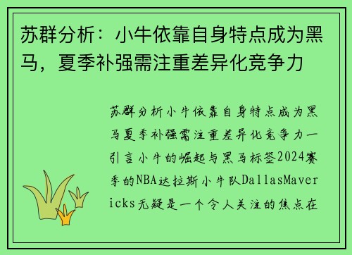 苏群分析：小牛依靠自身特点成为黑马，夏季补强需注重差异化竞争力